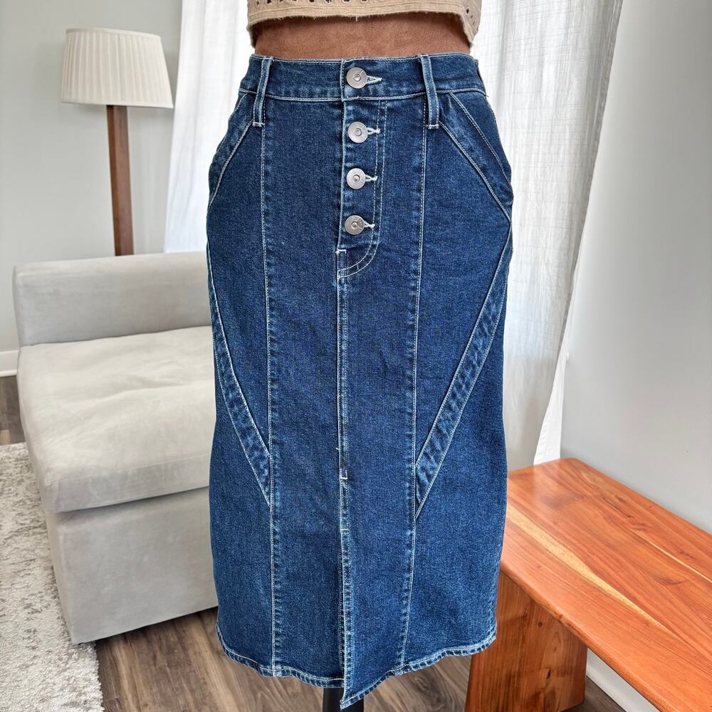 3x1 NYC Jason Wu Collaboration Denim Midi Skirt Split Hem Button Fly Size 25